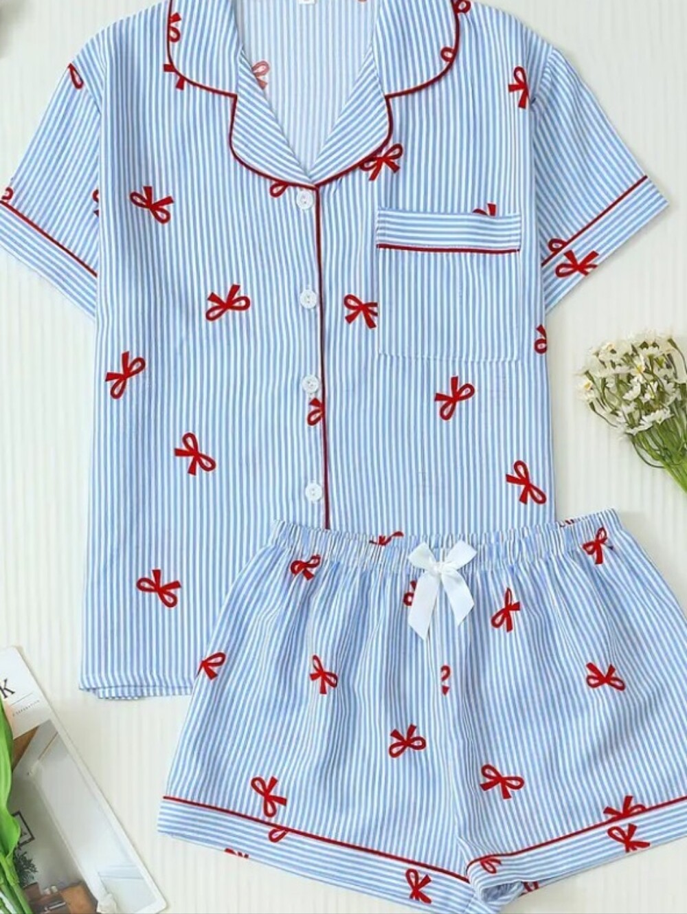 Blue Striped Red Bow Cotton Short Pajama Set - Women
